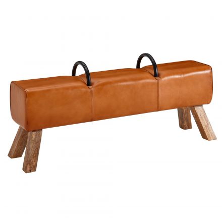 Sitzbank aus Echtleder und Massivholz, Farbe: Braun / Mango - Abmessungen: 60,5 x 133 x 34 cm (H x B x T)