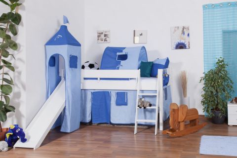 Kinderbett Hochbett Tom mit Rutsche und Turm inkl. Rollrost - Material: Buche massiv,  Farbe: weiß lackiert