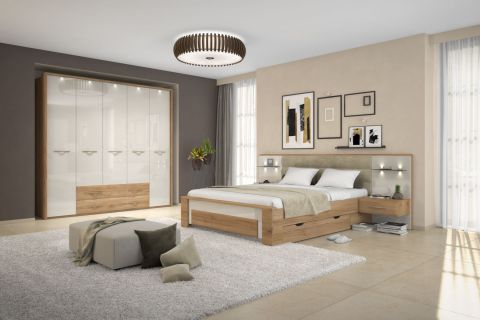 Schlafzimmer Komplett - Set A Gataivai, 10-teilig, Farbe: Beige Hochglanz / Walnuss