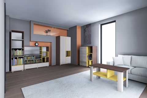 Wohnzimmer Komplett - Set A Kerema, 5-teilig, Farbe: Nuss / Ulme / Gelb