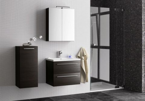 Badezimmermöbel - Set K Rajkot, 3-teilig inkl. Waschtisch / Waschbecken, Farbe: Eiche Schwarz