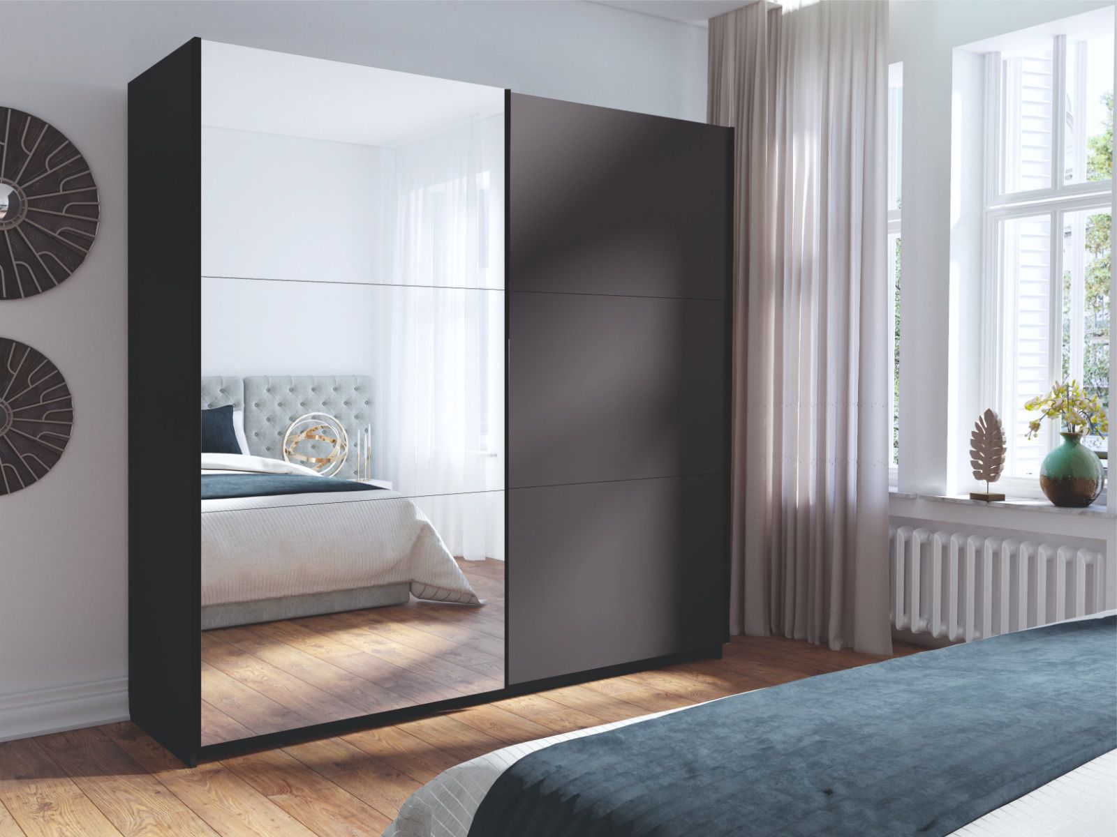 Kleiderschrank mit Spiegel Lamia, grafitfarben, 6 Fächer, 1 Kleiderstange, 2 Meter breit, für Schlafzimmer, Schiebetürenschrank, Spiegeltürenschrank
