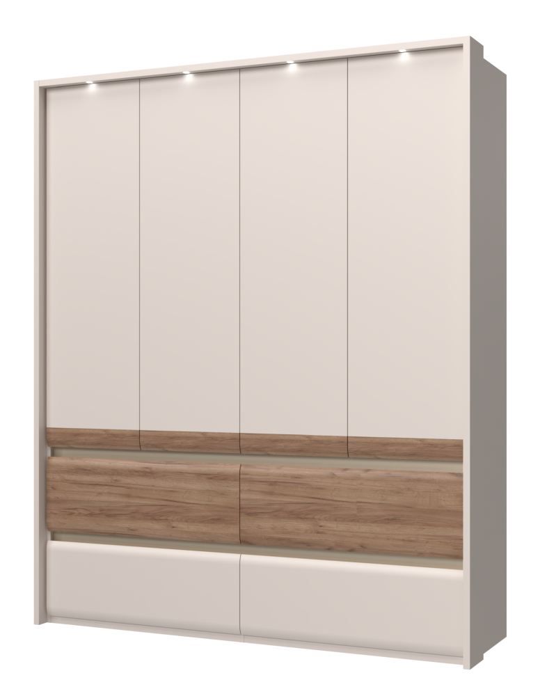 Kleiderschrank mit 4 Türen Papauta 05, Farbe: Kaschmir / Eiche dunkel - Abmessungen: 226 x 187 x 60 cm (H x B x T)