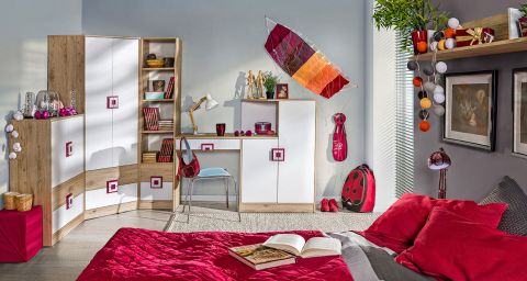 Kinderzimmer Komplett - Set C Fabian, 6-teilig, Farbe: Eiche Hellbraun / Weiß / Rosa