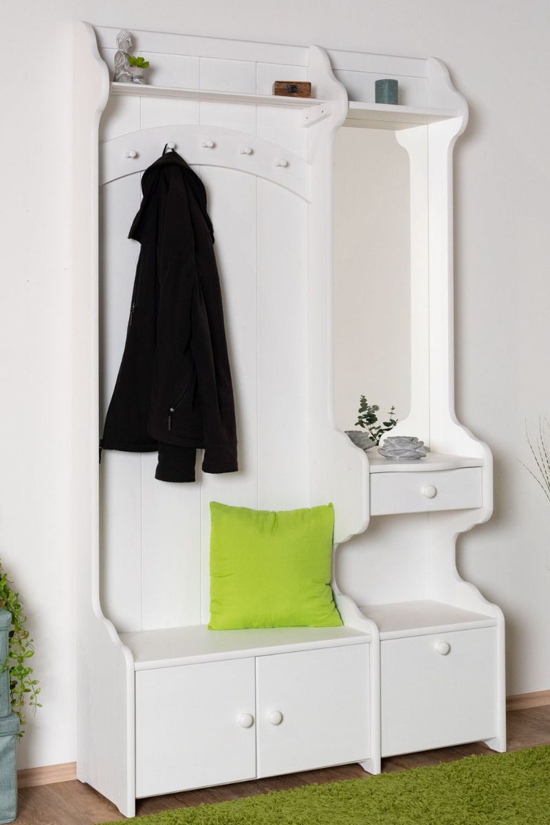 Große weiße Garderobe 29B mit Spiegel Kiefer Massivholz, 200 x 114 x 37 cm, 5 Haken, 1 Schublade, sehr geräumig, praktische Ablage, hochwertig verarbeitet
