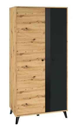 Kleiderschrank mit einer Kleiderstange Lassila 01, Farbe: Eiche Artisan / Schwarz - Abmessungen: 191 x 92 x 54 cm (H x B x T), mit 2 Türen und fünf Fächern
