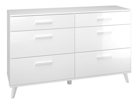 Kommode Kaskinen 03, Farbe: Weiß / Weiß Glanz - Abmessungen: 86 x 138 x 40 cm (H x B x T), mit 6 Schubladen