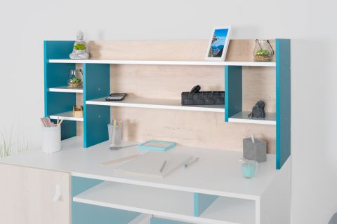 Jugendzimmer - Schreibtischaufsatz Aalst 25, Farbe: Eiche / Weiß / Blau - Abmessungen: 55 x 125 x 24 cm (H x B x T)