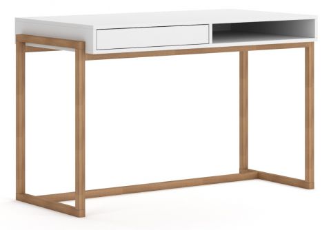 Schreibtisch höhenverstellbar Kustanai 05, Farbe: Weiß / Buche - Abmessungen: 72-79 x 126 x 64 cm (H x B x T)