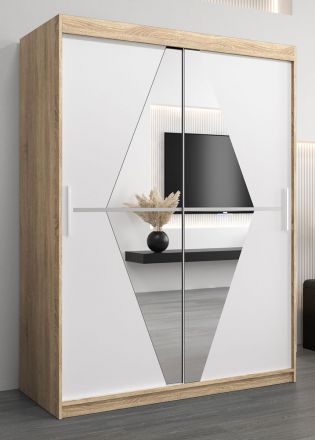Schiebetürenschrank / Kleiderschrank Alphubel 03 mit Spiegel, Farbe: Eiche Sonoma / Weiß matt - Abmessungen: 200 x 150 x 62 cm ( H x B x T)