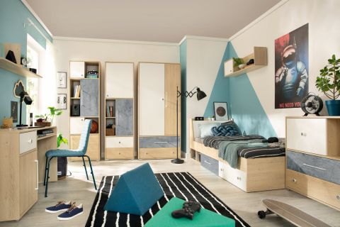 Jugendzimmer Komplett - Set A Modave, 8-teilig, Farbe: Eiche / Weiß / Grau