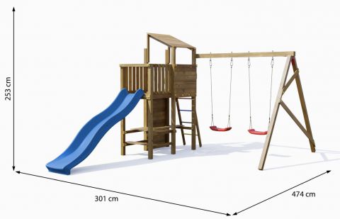 Kinderspielturm / Spielanlage Julius inkl. Doppelschaukel, Balkon, Picknick Tisch, Kletterwand, Wellenrutsche und Holzdach FSC®