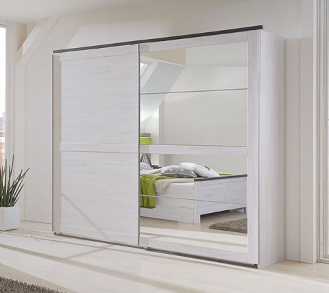 Schlafzimmer - Schiebetürenschrank / Kleiderschrank Alakoss 01, Farbe: Weiß / Grau - Abmessungen: 210 x 225 x 64 cm (H x B x T)