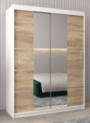 Schiebetürenschrank / Kleiderschrank Jan 03D mit Spiegel, Farbe: Weiß matt / Eiche Sonoma - Abmessungen: 200 x 150 x 62 cm (H x B x T)
