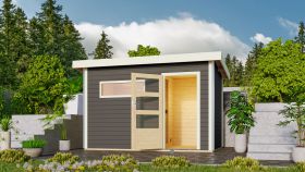 Saunahaus "Linnea 1" SET mit Ofen BIO 9 kW, moderner Tür & Fenster, Farbe: Terragrau - 336 x 196 cm (B x T), Grundfläche: 6 m²