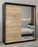 Schiebetürenschrank / Kleiderschrank Bisaurin 4C mit Spiegel, Farbe: Schwarz / Eiche Sonoma - Abmessungen: 200 x 180 x 62 cm ( H x B x T)