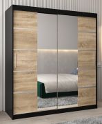 Schiebetürenschrank / Kleiderschrank Jan 04D mit Spiegel, Farbe: Schwarz / Eiche Sonoma - Abmessungen: 200 x 180 x 62 cm (H x B x T)