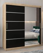 Schiebetürenschrank / Kleiderschrank Jan 04B mit Spiegel, Farbe: Eiche Sonoma / Schwarz - Abmessungen: 200 x 180 x 62 cm ( H x B x T)