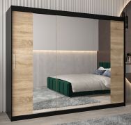 Schiebetürenschrank / Kleiderschrank Bisaurin 6C mit Spiegel, Farbe: Schwarz / Eiche Sonoma - Abmessungen: 200 x 250 x 62 cm ( H x B x T)