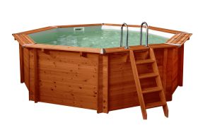 Holzpool Gardenflair 01, Achteck-rund, 5,30 x 1,38 Meter, inklusive Sandfilteranlage, Fiberclean, Poolleiter, Poolfolie, Boden- und Wandvlies, Edelstahl-Eckverbindungen, LED-Scheinwerfer, Sommer- und Winterabdeckung sowie Zubehör-Set