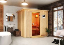 Sauna "Agnar" SET mit bronzierter Tür und Kranz - Farbe: Natur, Ofen externe Steuerung easy 3,6 kW - 210 x 184 x 202 cm (B x T x H)