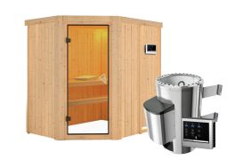 Sauna "Ole" SET mit bronzierter Tür - Farbe: Natur, Ofen externe Steuerung easy 3,6 kW - 151 x 196 x 198 cm (B x T x H)