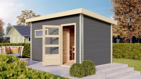 Saunahaus "Linnea 3" SET mit Ofen 9 kW & moderner Tür, Farbe: Terragrau - 396 x 231 cm (B x T), Grundfläche: 8,4 m²