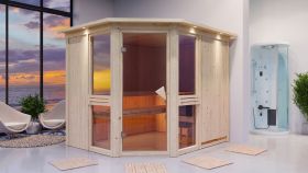 Sauna "Tjelvar 3" SET mit bronzierter Tür und Kranz mit Ofen externe Steuerung easy 9 kW Edelstahl - 245 x 210 x 202 cm (B x T x H)