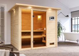 Sauna "Emmik" SET mit bronzierter Tür und Kranz - Farbe: Natur, Ofen BIO 9 kW - 224 x 210 x 191 cm (B x T x H)