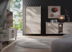 Wohnzimmer Set | 3-teilig | Farbe: Beige mit Holzstruktur | Beine und Griffe: Metall | 1 Schrank mit zwei Schubladen | 1 TV-Unterschrank | 1 lange Kommode
