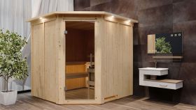 Sauna "Nooa" SET mit Kranz und graphitfarbener Tür - Farbe: Natur, Ofen 9 kW - 210 x 210 x 202 cm (B x T x H)