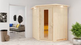 Sauna "Eetu" SET mit Energiespartür und Kranz - Farbe: Natur, Ofen 9 kW - 165 x 165 x 202 cm (B x T x H)