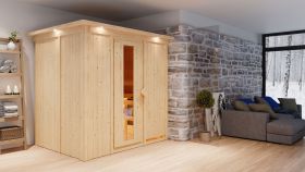 Sauna "Veli" SET mit Energiespartür und Kranz - Farbe: Natur, Ofen 9 kW - 210 x 165 x 202 cm (B x T x H)
