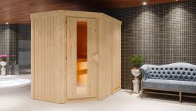 Sauna "Mika" SET mit Energiespartür - Farbe: Natur, Ofen BIO 9 kW - 151 x 196 x 198 cm (B x T x H)