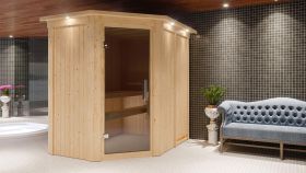 Sauna "Mika" SET mit graphitfarbener Tür und Kranz - Farbe: Natur, Ofen BIO 9 kW - 165 x 210 x 202 cm (B x T x H)