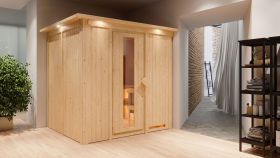 Sauna "Eemil" SET mit Energiespartür und Kranz - Farbe: Natur, Ofen BIO 9 kW - 210 x 184 x 202 cm (B x T x H)