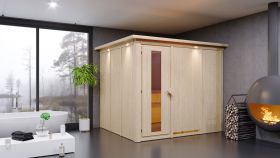 Sauna "Toivo" SET mit Energiespartür und Kranz - Farbe: Natur, Ofen BIO 9 kW - 245 x 210 x 202 cm (B x T x H)