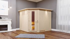 Sauna "Samu" SET mit Energiespartür Tür und Kranz - Farbe: Natur, Ofen externe Steuerung easy 9 kW - 245 x 210 x 202 cm (B x T x H)