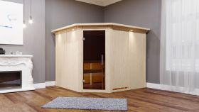 Sauna "Samu" mit graphitfarbener Tür und Kranz - Farbe: Natur - 245 x 210 x 202 cm (B x T x H)