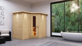 Sauna "Tjara 2" SET mit Energiespartür und Kranz - Farbe: Natur, Ofen 9kW - 264 x 198 x 212 cm (B x T x H)