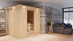 Sauna "Veli" SET mit Klarglastür, Kranz & Ofen BIO 9 kW - 210 x 165 x 202 cm (B x T x H)