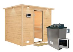 Sauna "Leja" SET mit Klarglastür, Kranz & Ofen externe Steuerung easy 9 KW - 259 x 210 x 205 cm (B x T x H)