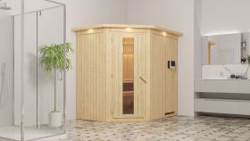 Sauna "Ole" SET mit Energiespartür und Kranz - Farbe: Natur, Ofen externe Steuerung easy 3,6 kW - 165 x 210 x 202 cm (B x T x H)