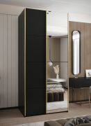 Kleiderschrank / Schiebetürenschrank | 6 Fächer | 2 Schiebetüren | 245,5 x 130 x 64 cm | 2 Kleiderstangen | Soft-Close | Spiegel |Farbe: Schwarz