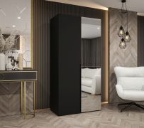 Kleiderschrank mit einer Kleiderstange Eiger 61, Farbe: Schwarz, ein Fach, eine Spiegeltür, 1 Meter breit, Griffe: Schwarz, Soft-Close-Funktion