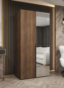 Kleiderschrank mit zwei Türen | Farbe: Walnuss | eine Spiegeltür | Soft-Close-Funktion | 1 Meter breit | Griffe: Schwarz | eine Kleiderstange | ein Fach