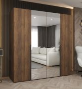 Kleiderschrank mit drei Türen | Farbe: Walnuss | zwei Spiegeltüren | Soft-Close-Funktion | 2 Meter breit | Griffe: Schwarz | zwei Kleiderstangen | zwei Fächer