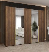 Drehtürenschrank mit zwei Spiegeltüren | Farbe: Walnuss | 2,5 Meter breit | drei Kleiderstangen | Griffe: Gold | drei Fächer | Soft-Close-Funktion