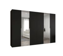 Drehtürenschrank Eiger 106, Farbe: Schwarz, zwei Spiegeltüren, 3 Meter breit, vier Kleiderstangen, Griffe: Kaschmir, Soft-Close-Funktion, vier Fächer