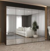 Drehtürenschrank mit 2,5 Meter breite | Farbe: Walnuss | fünf Spiegeltüren | Griffe: Silber | Soft-Close-Funktion | drei Fächer | drei Kleiderstangen